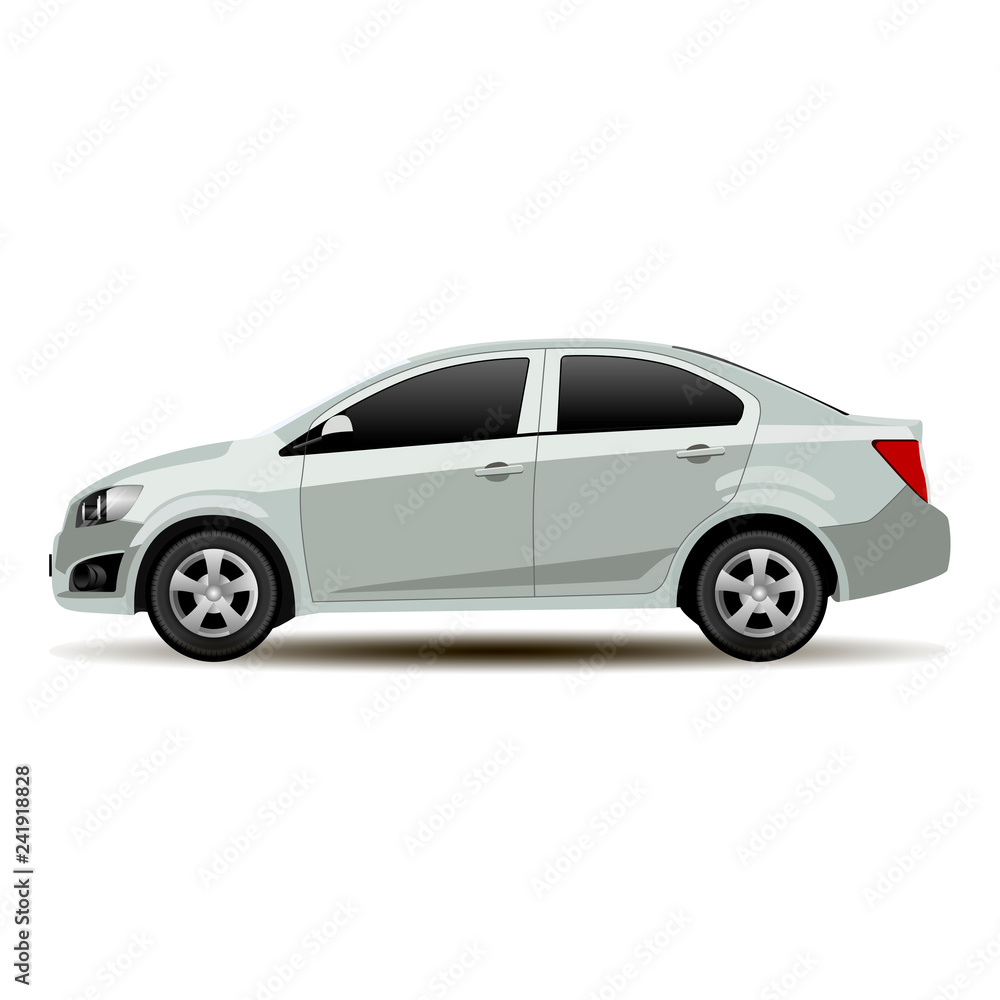 Silver Car Sedan Side View. Vector Vehicle Flat Isolated Illustration. Realistic Mockup of Contemporary Shape Commercial Auto. Modern Style Automotive Art Model. Template for Business Commercial.
