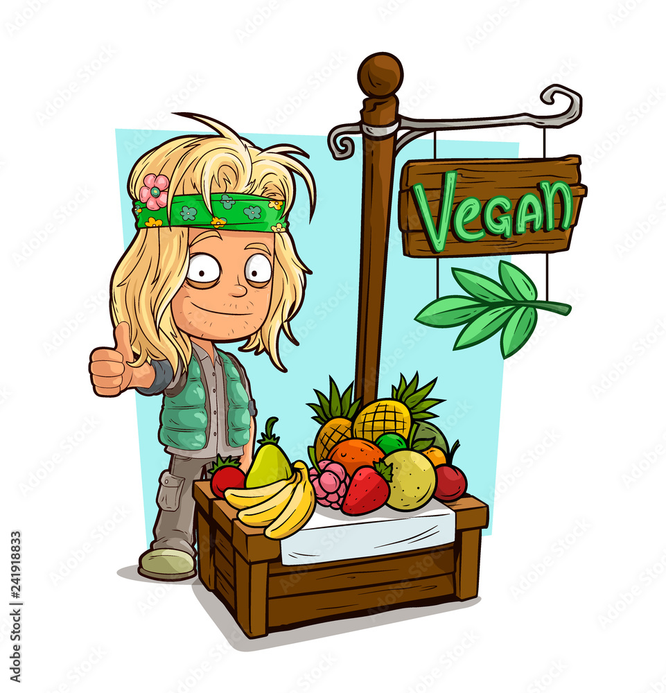 Cartoon hippie character and vegan fruit shop Stock Vector | Adobe Stock