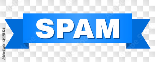 SPAM text on a ribbon. Designed with white caption and blue tape. Vector banner with SPAM tag on a transparent background.
