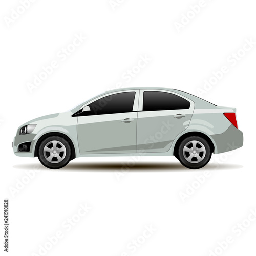 Silver Car Sedan Side View. Vector Vehicle Flat Isolated Illustration. Realistic Mockup of Contemporary Shape Commercial Auto. Modern Style Automotive Art Model. Template for Business Commercial. © Сергей Байбак