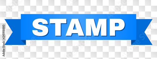 STAMP text on a ribbon. Designed with white caption and blue stripe. Vector banner with STAMP tag on a transparent background.