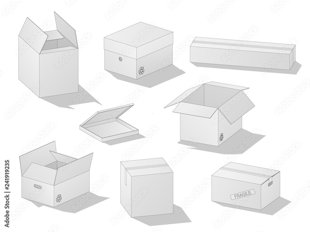 Vector collection of beautiful realistic white carton paper boxes with outlines on white background. Vector collection of beautiful realistic white carton paper boxes with outlines on white background.