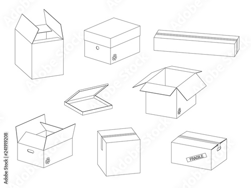 Vector collection of carton paper boxes outlines on white background.