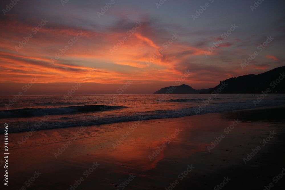 Red sea in twiglight on a beach on Corfu so colorful and lovely
