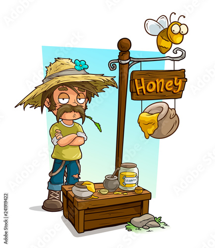 Cartoon farmer in hat character and honey shop