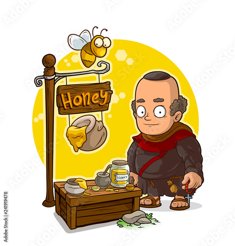 Cartoon old bald monk character and honey shop