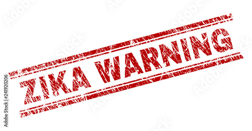 ZIKA WARNING seal watermark with grunge texture. Red vector rubber print of ZIKA WARNING text with unclean texture. Text label is placed between double parallel lines.