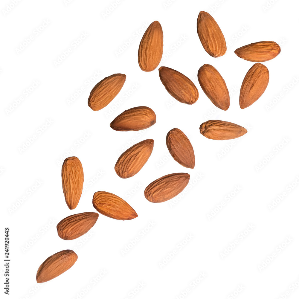 Almond nuts isolated on white background. Levity kernels. Almond nuts isolated on white background. Levity kernels.