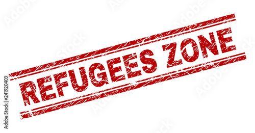 REFUGEES ZONE seal imprint with distress texture. Red vector rubber print of REFUGEES ZONE text with scratched texture. Text title is placed between double parallel lines.