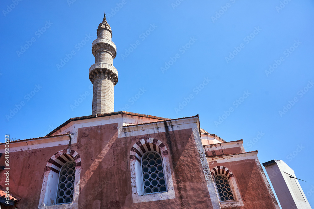 Turkish mosque with minaret in Rhodes, Greece.