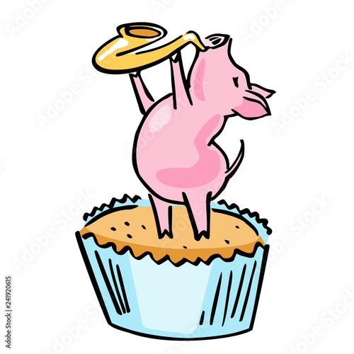 vector cartoon jazz pig with saxophone and muffin