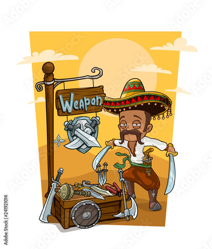 Cartoon mexican bandit character and weapon shop