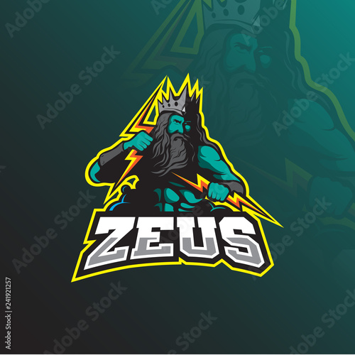 zeus mascot logo design vector with modern illustration concept style for badge, emblem and tshirt printing. zeus illustration with lightning in hand.