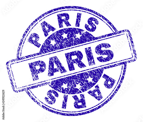PARIS stamp seal watermark with distress texture. Designed with rounded rectangles and circles. Blue vector rubber print of PARIS tag with dirty texture.
