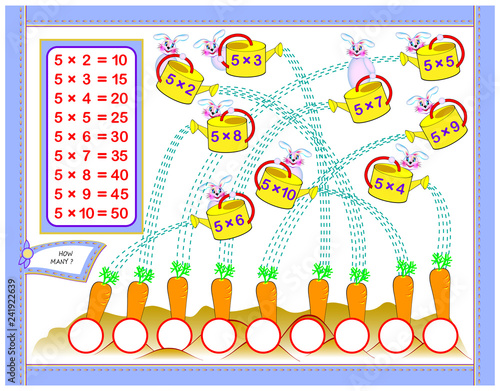 Multiplication table by 5 for kids. Write the numbers in correct circles. Educational page for mathematics baby book. Back to school. Vector cartoon image.B
