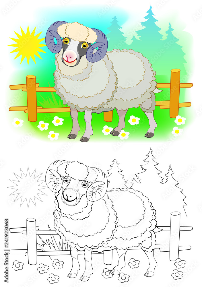 Fantasy illustration of cute sheep. Colorful and black and white page ...