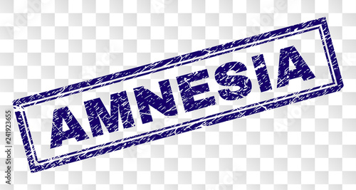 AMNESIA stamp seal imprint with rubber print style and double framed rectangle shape. Stamp is placed on a transparent background. Blue vector rubber print of AMNESIA caption with retro texture.