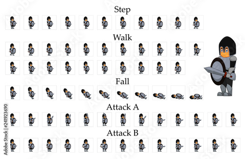 Knight character animation for 2d games. Movement of man in armor and with a sword.