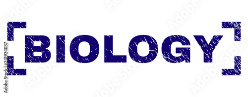 BIOLOGY text seal watermark with grunge texture. Text tag is placed inside corners. Blue vector rubber print of BIOLOGY with unclean texture.