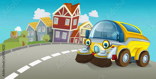 cartoon summer scene with cleaning car driving through the city - illustration for children © honeyflavour