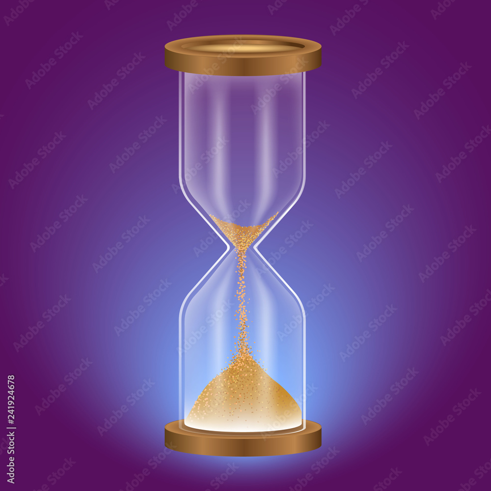 True transparent sand hourglass isolated on white background. Stock