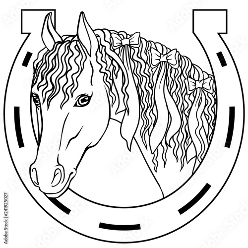 Horse - outline drawing coloring book, good luck charm