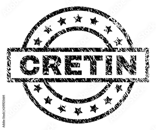 CRETIN stamp seal watermark with distress style. Designed with rectangle, circles and stars. Black vector rubber print of CRETIN text with corroded texture.