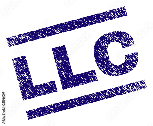 LLC seal print with scratced style. Blue vector rubber print of LLC caption with scratched texture. Text caption is placed between parallel lines.