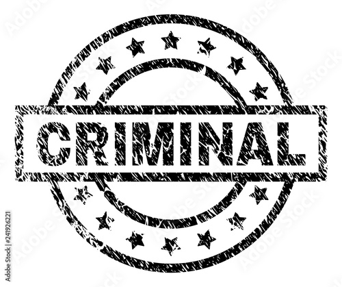 CRIMINAL stamp seal watermark with distress style. Designed with rectangle, circles and stars. Black vector rubber print of CRIMINAL label with grunge texture.