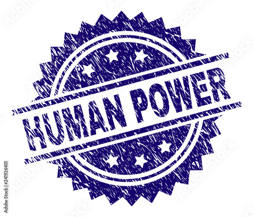 HUMAN POWER stamp seal watermark with distress style. Blue vector rubber print of HUMAN POWER label with dust texture.
