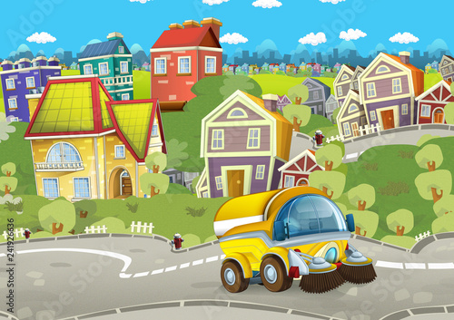 cartoon summer scene with cleaning cistern car driving through the city - illustration for children © honeyflavour
