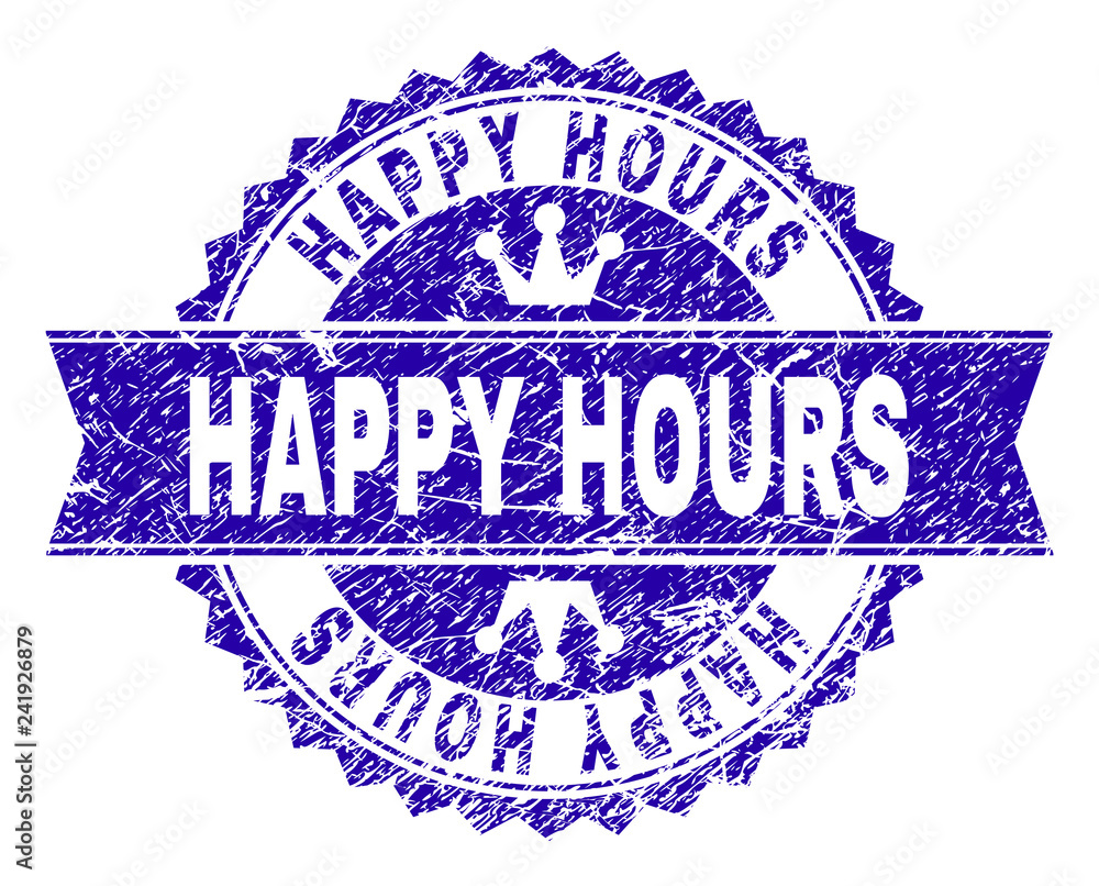 HAPPY HOURS rosette stamp seal imitation with distress texture. Designed with round rosette, ribbon and small crowns. Blue vector rubber watermark of HAPPY HOURS caption with scratched texture.