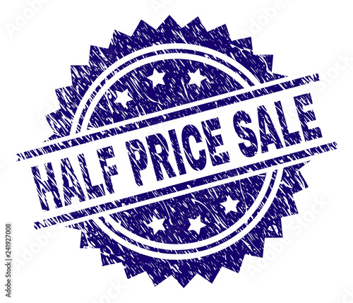 HALF PRICE SALE stamp seal watermark with distress style. Blue vector rubber print of HALF PRICE SALE text with retro texture.