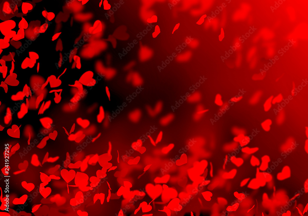 Red blurred bokeh background, bright, black, hearts, holiday, wedding, lovers, romance, falling hearts, petals of hearts, defocused, Valentine's day, love