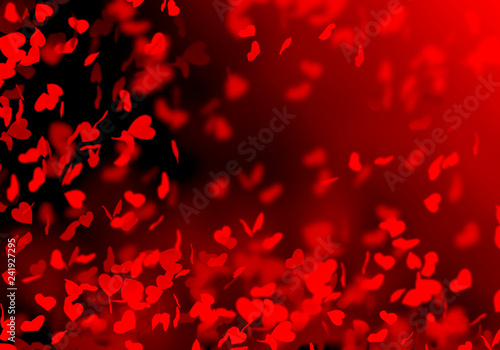 Red blurred bokeh background, bright, black, hearts, holiday, wedding, lovers, romance, falling hearts, petals of hearts, defocused, Valentine's day, love
