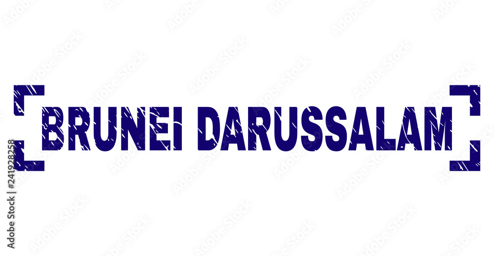 BRUNEI DARUSSALAM text seal stamp with corroded texture. Text tag is placed between corners. Blue vector rubber print of BRUNEI DARUSSALAM with dust texture.