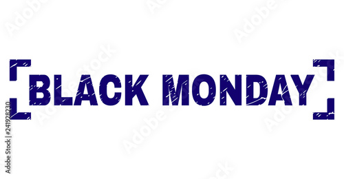 BLACK MONDAY text seal print with grunge style. Text caption is placed inside corners. Blue vector rubber print of BLACK MONDAY with dirty texture.