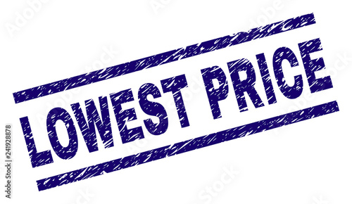 LOWEST PRICE seal print with scratced style. Blue vector rubber print of LOWEST PRICE tag with scratched texture. Text tag is placed between parallel lines.