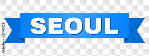 SEOUL text on a ribbon. Designed with white caption and blue stripe. Vector banner with SEOUL tag on a transparent background.