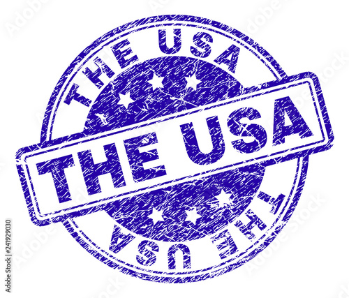 THE USA stamp seal imprint with distress texture. Designed with rounded rectangles and circles. Blue vector rubber print of THE USA label with unclean texture.