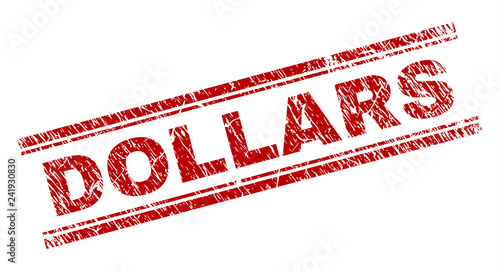 DOLLARS seal print with grunge texture. Red vector rubber print of DOLLARS label with unclean texture. Text caption is placed between double parallel lines.