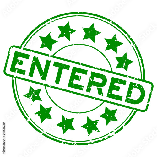 Grunge green entered word with star icon round rubber seal stamp on white background