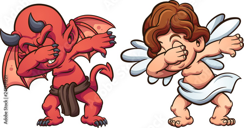 Dabbing angel and devil. Vector clip art illustration with simple gradients. Each on a separate  layer.