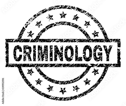 CRIMINOLOGY stamp seal watermark with distress style. Designed with rectangle, circles and stars. Black vector rubber print of CRIMINOLOGY text with dust texture.