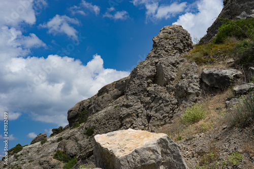 Natural landscape with rocks covered with vegetation against a blue sky.