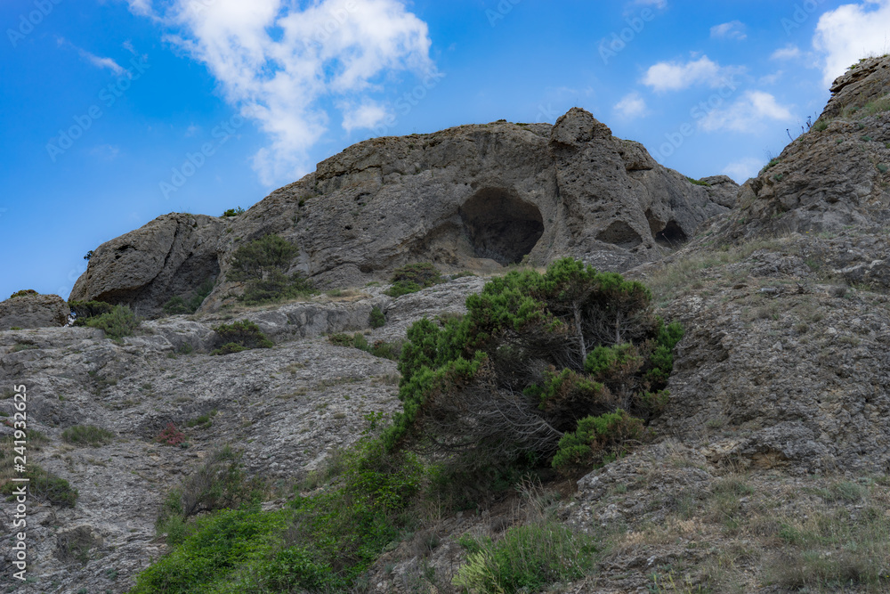 Natural landscape with rocks covered with vegetation against a blue sky.