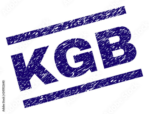 KGB seal imprint with grunge style. Blue vector rubber print of KGB text with retro texture. Text tag is placed between parallel lines.