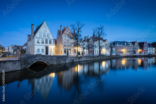 Historic Brugge city center with buildings at canal at twilight,, Flanders, Belgium