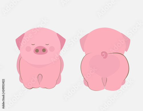 Cute pig front and back vector. Funny piglet cartoon.Year of the pig in Chinese horoscope. T-shirt or card design illustration.