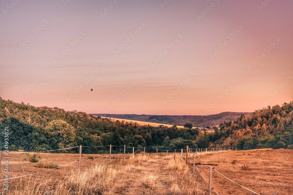 Golden hour landscape with balloon and fields with forest